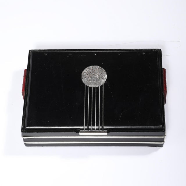 Art Deco Machine Age Aluminum Silvered Crest Lacquered Box W/ Bakelite Handles For Sale - Image 4 of 12
