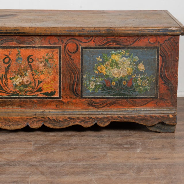 Long Narrow Hand Painted Pine Trunk Bench, Dated 1889 For Sale - Image 15 of 16