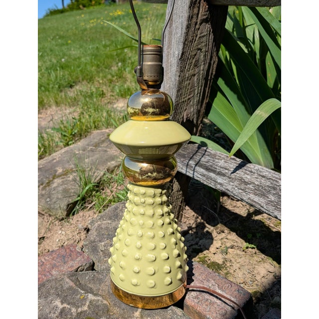 Vintage Mid Century Atomic Ceramic Lamp Base Light Lime Green and Gold With Marble Finial 1950s For Sale - Image 10 of 18