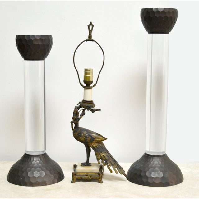 French Bronze Peacock Table Lamp In good vintage condition with Patina to the Bronze. Measures: Height: 22 inches x 7.5 x...