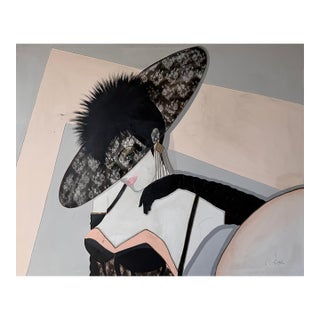Large 1980s Postmodern Art Deco Style Woman Portrait Acrylic on Canvas Painting – Signed For Sale