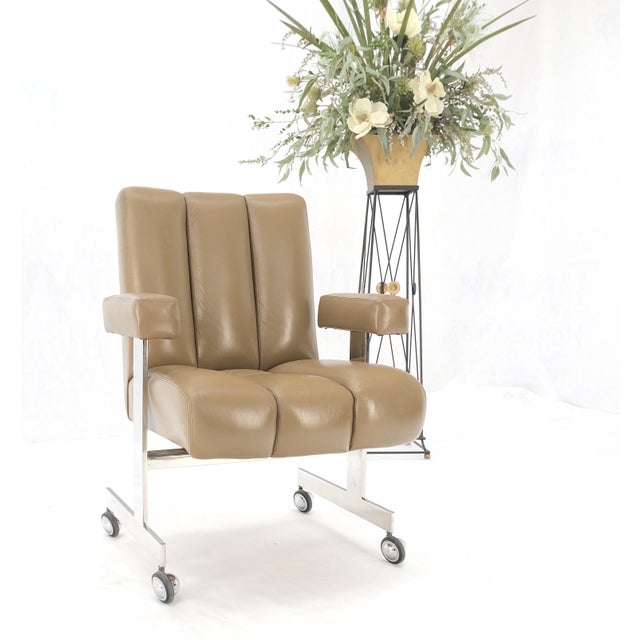 Vladimir Kagan Vladimir Kagan Leather Ribbed Style Upholstery Heavy Stainless Base Desk Chair For Sale - Image 4 of 12