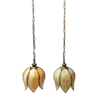 1950s Brass Butter Cream Slag Glass Tulip Pendant Lights - Pair For Sale