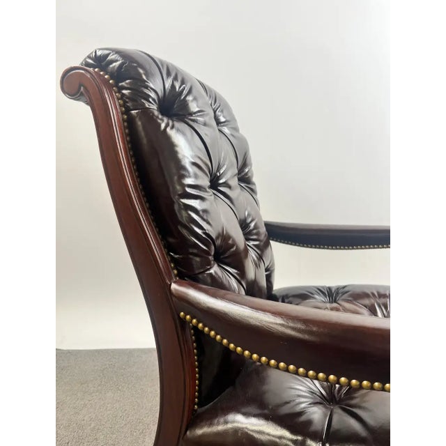 Brass Chesterfield English Style Tufted Leather Library Chair & Ottoman by Hickory For Sale - Image 8 of 18