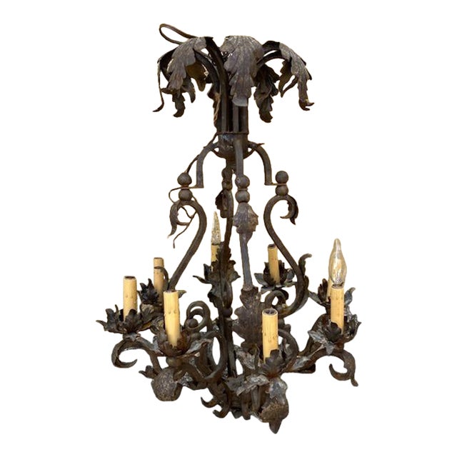 Late 20th Century Wrought Iron Oxidized Tin Electrified Candelabra Chandelier For Sale