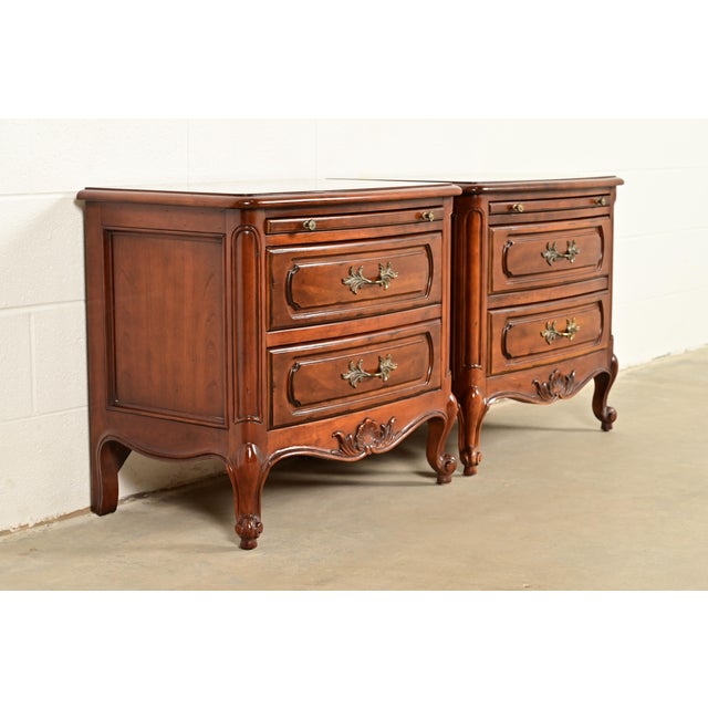 French Provincial Century Furniture French Provincial Louis XV Carved Cherry Wood Nightstands, Pair For Sale - Image 3 of 14