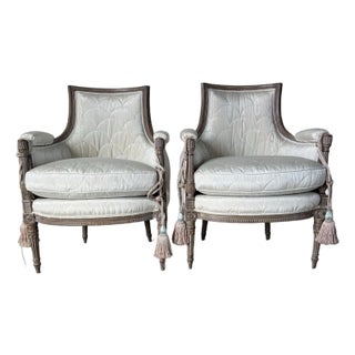 1960’s French Hollywood Regency Louis XVI–Style Carved Wood Upholstered Arm Club Chairs – A Pair For Sale