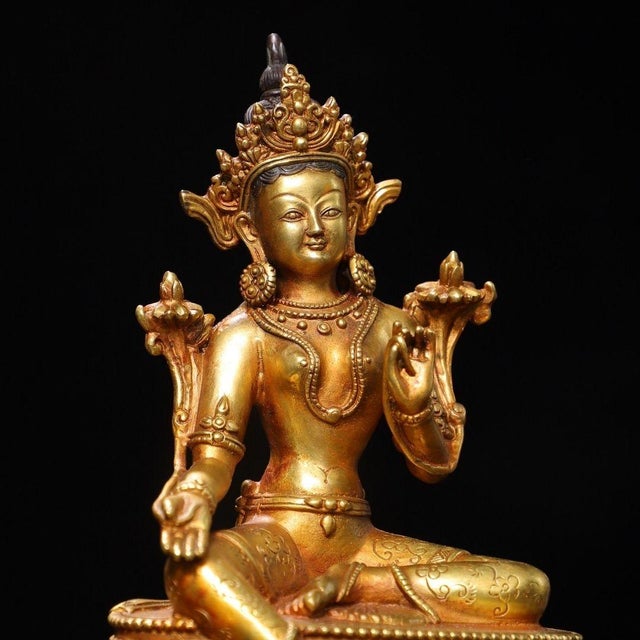Metal Vintage Gilt Bronze Green Tara Statue Buddhist Deity Sculpture 8.3" For Sale - Image 7 of 9