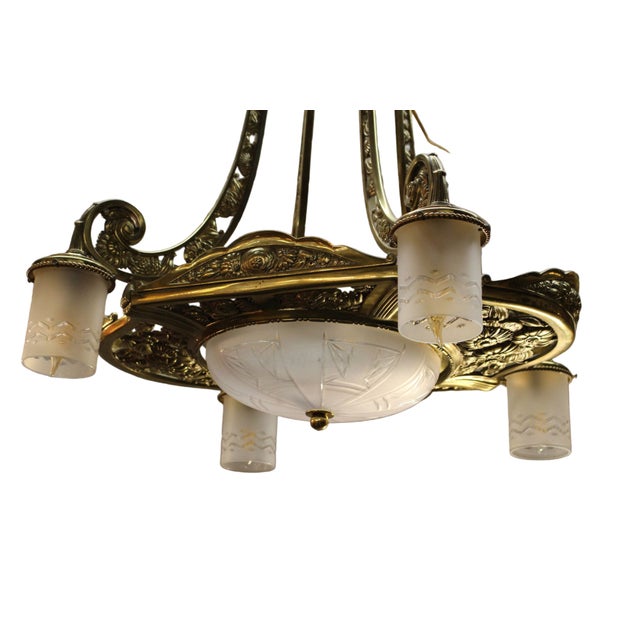 Antique Art Deco - Neoclassical Transitional Brass Chandelier Elegant antique brass chandelier dating to the early 20th...