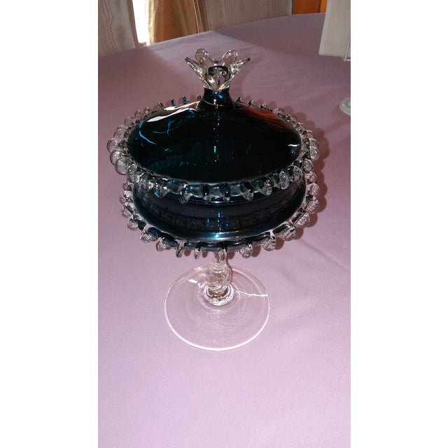 Fabulous vintage mid-century covered glass candy dish. Gorgeous aqua blue main dish color with clear pinched ruffled sides...