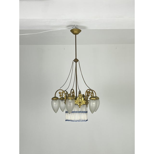 Art Deco 7-Light Chandelier in Brass and Glass, 1940s For Sale - Image 17 of 18