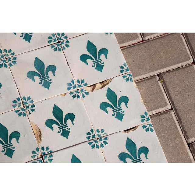 Antique 19th Century Portuguese Heraldic Motif Tiles With Teal Fleur-De-Lis Set of 28 For Sale - Image 13 of 14