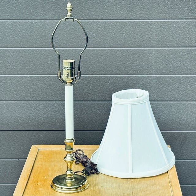 Late 20th Century Virginia Metalcrafters Solid Brass Candlestick Lamp With Silk Shade and Brass Acorn Finial For Sale - Image 5 of 11