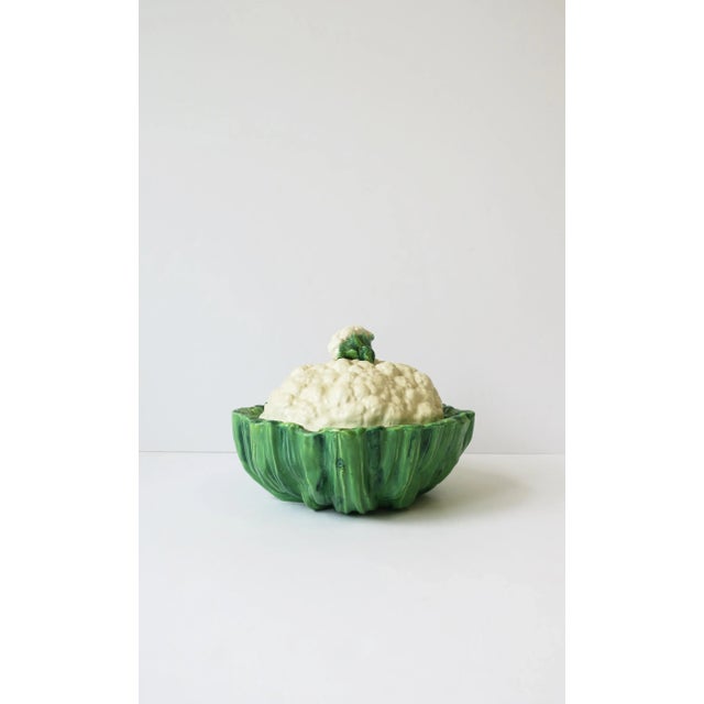 A very beautiful off-white and green pottery cauliflower vegetable soup or stew tureen, Trompe l'Oeil style, circa...