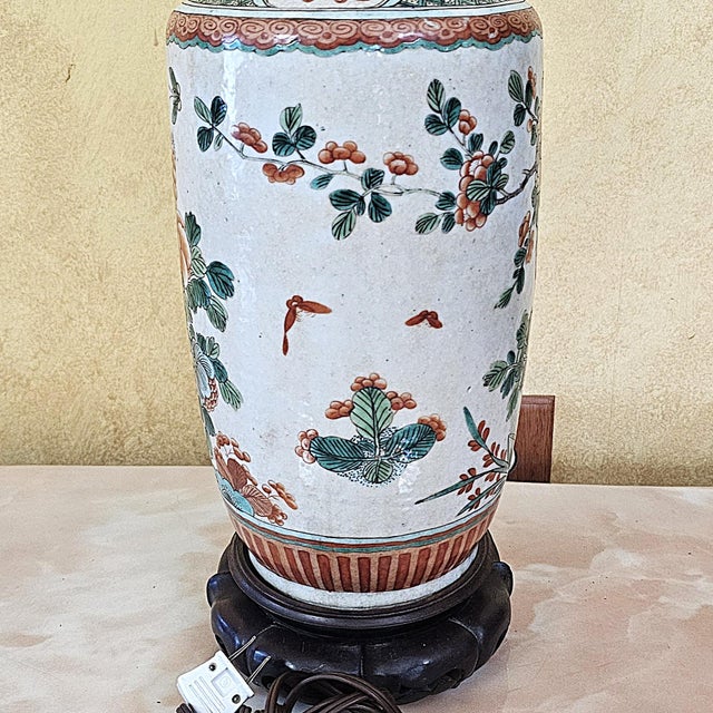 Vintage Chinese Famille Verte Style Porcelain Table Lamp With Hand Painted Birds & Peonies For Sale - Image 18 of 18