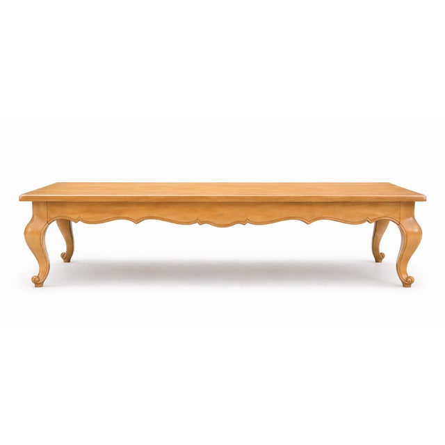 Mid 20th Century Extra Large French Provincial Solid Wood Coffee Table — 76” Blonde Wood Cocktail Table With Cabriole Legs For Sale In Los Angeles - Image 6 of 12