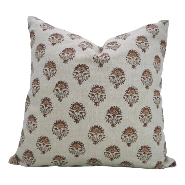 Handmade Floral Print Decorative Cushion Cover in Pure Linen 12x20-Indrajeet For Sale