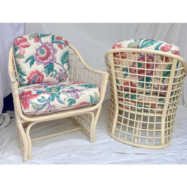 1980's Rattan Lattice Barrel Lounge Chairs With Chinoiserie Cushions in the Style of Ficks Reed a Pair For Sale - Image 16 of 16