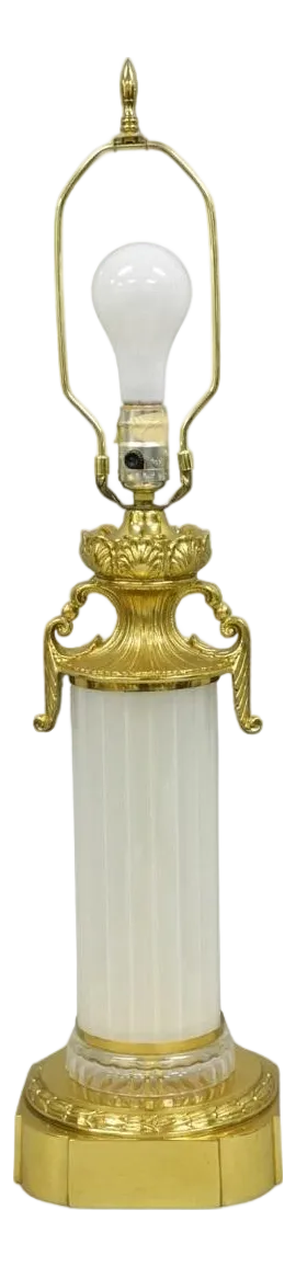 Vintage French Empire Style Ribbed Glass Column Gold Table Lamp Made in Poland