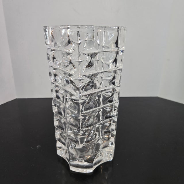 Retro Clear Heavy Glass Vase Cubist Modern 9.5" x 4.5 Bubble Unmarked Heavy Art Piece, classic, timeless, MCM Very good...