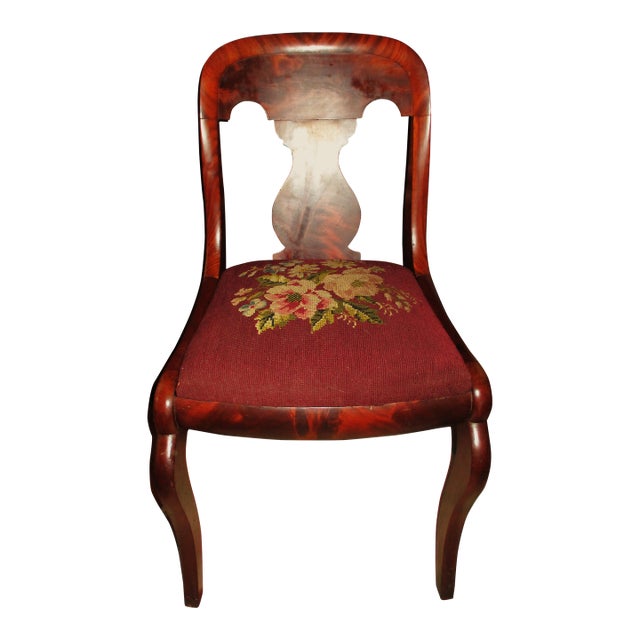 Mid 19th Century Antique Empire Flame Mahogany Accent Chair With Needlepoint Seat For Sale