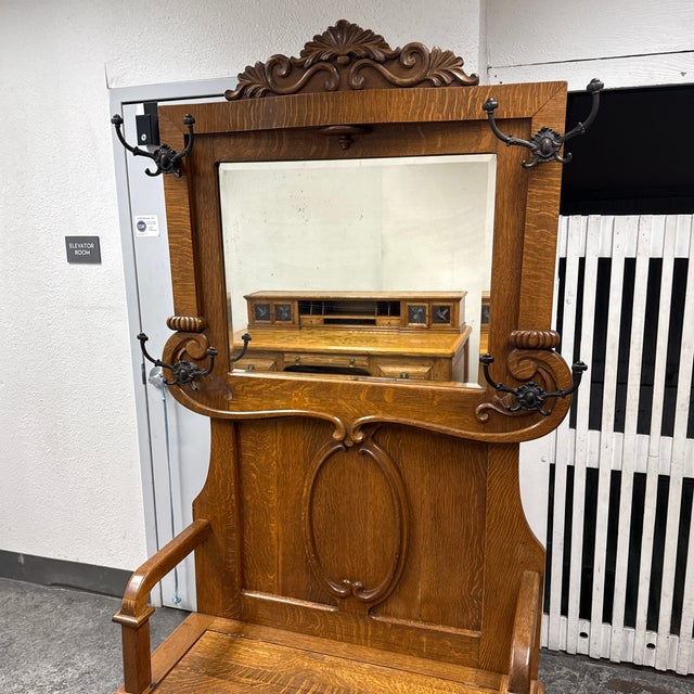 Antique Oak Hall Tree/Entry Bench For Sale - Image 12 of 12