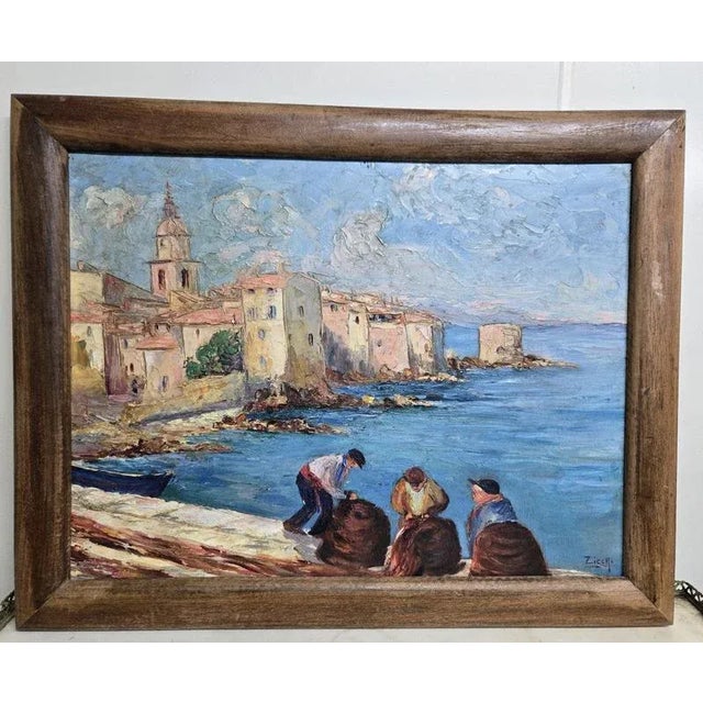 Zicca, The Port of Saint Tropez Animated by Fishermen, Oil on Panel, Framed For Sale - Image 4 of 8