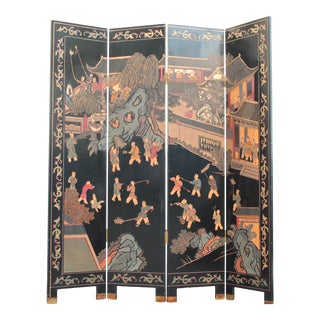 1940 Chinese Hollywood Regency 4-Panel Chinoiserie Room Divider Screen For Sale