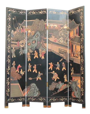1940 Chinese Hollywood Regency 4-Panel Chinoiserie Room Divider Screen
