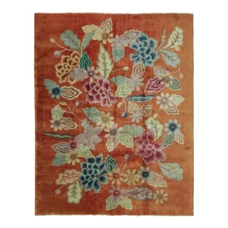 Antique Chinese Art Deco Rug in Rust With Bold Floral Design - Rug & Kilim For Sale
