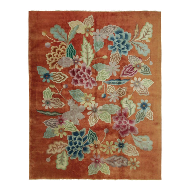 Antique Chinese Art Deco Rug in Rust With Bold Floral Design - Rug & Kilim For Sale