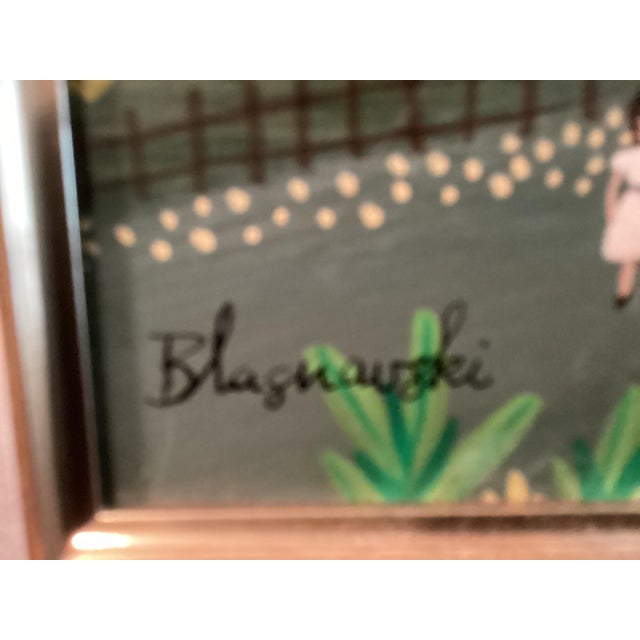 Charming primitive oil on canvas painting beautifully framed. This piece tells a story of a small village with happy...