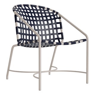 Brown Jordan Kantan Aluminum Vinyl Arm Chair, Dove frame with Marine fabric For Sale
