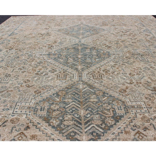 Textile Blue and Taupe Antique Persian Shiraz Rug With Tribal Geometric Medallions For Sale - Image 7 of 13