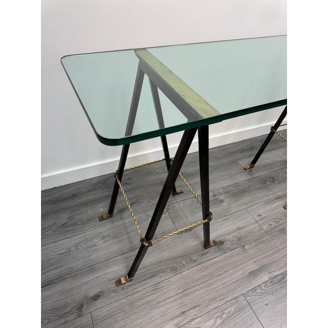 Iron and Brass Trestle Console with Glass Top, 1950s For Sale - Image 6 of 14