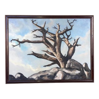 Oil on Canvas, MCM 1960: Weathered, Sculpted Ancient Tree on Granite Outcrop, Signed Yoshii For Sale