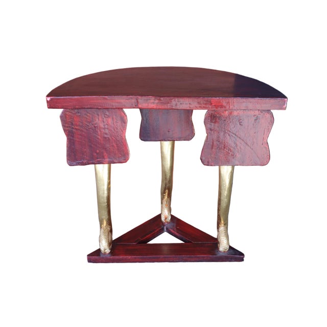 Thai Vintage Carved Bejeweled Gilt Elephant Base Demilune Table With Red Stain For Sale In Portland, OR - Image 6 of 7