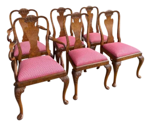 Set of 6 Antique 19c Queen Anne Style Carved Burl Walnut Dining Chairs