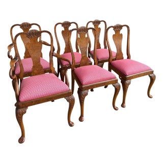 Set of 6 Antique Queen Anne Style Carved Burl Walnut Dining Chairs For Sale