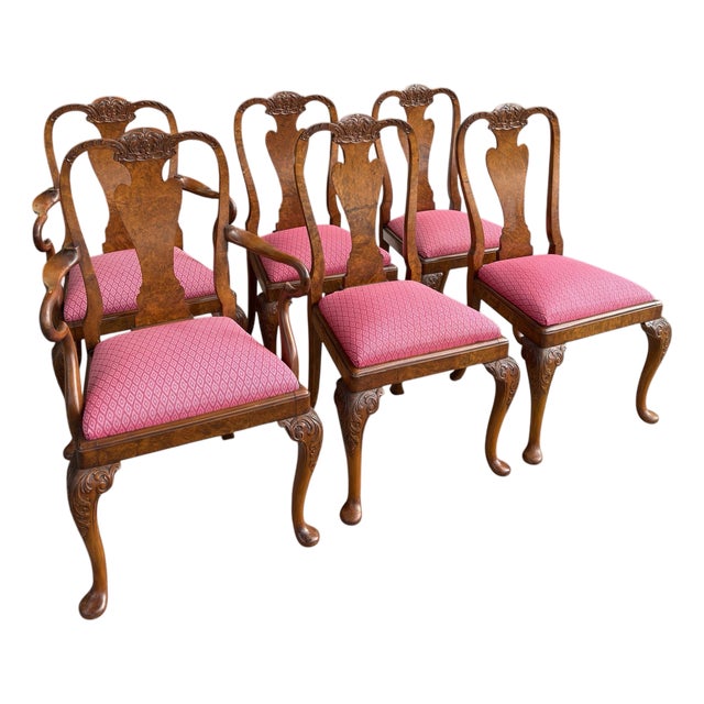 Set of 6 Antique Queen Anne Style Carved Burl Walnut Dining Chairs For Sale