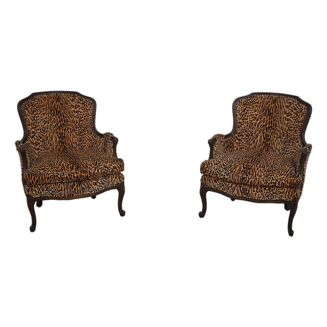 Pair of Cheetah Print Louis XVI Style Bergere Chairs For Sale