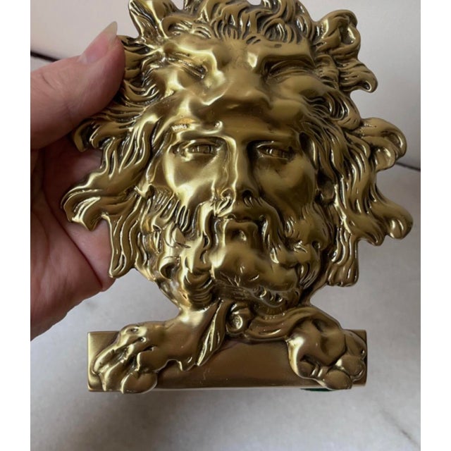 1960s Vintage Bookends Feature a Classic Golden-Brass Finish With a Deeply Detailed Mythological Male Face and Flowing Mane. For Sale - Image 5 of 9