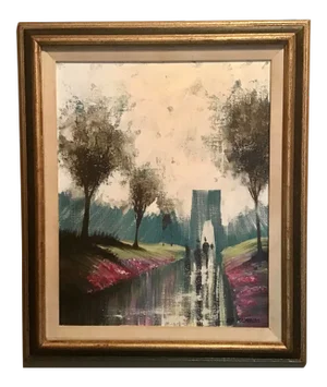 Mid Century Abstract Cityscape Oil on Canvas Painting Signed Lee Reynolds