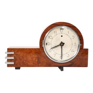 Art Deco Machine Age Burled Walnut With Aluminum Banded Detail Electric Clock For Sale