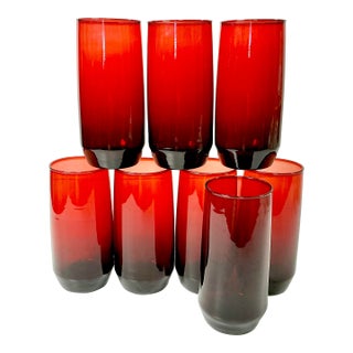 1940s Vintage Art Deco Boho Chic Hollywood Regency Ruby Red Tumbler Glasses - Set of 8. For Sale