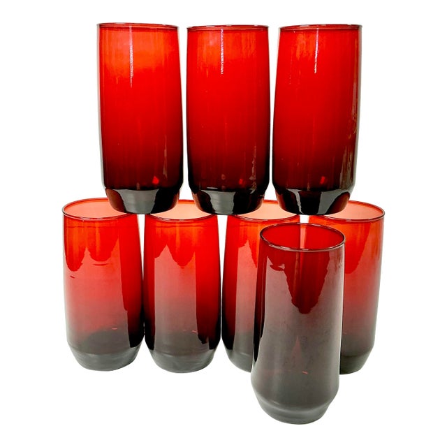 1940s Vintage Art Deco Boho Chic Hollywood Regency Ruby Red Tumbler Glasses - Set of 8 For Sale