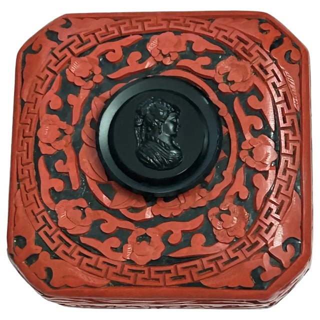 Red Ooak Cinnabar Box/ Antique Jet Cameo For Sale - Image 8 of 12