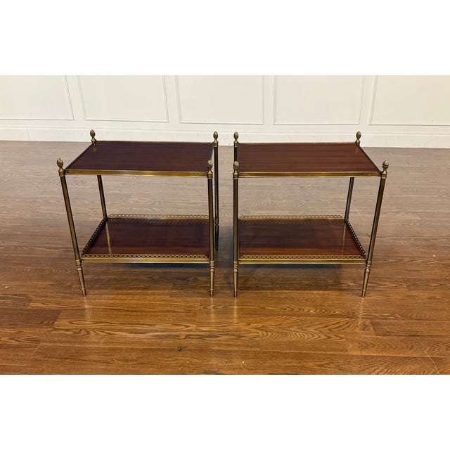 Pair of Two Tiered Brass and Wood End Tables by Leighton Hall - Showroom Samples For Sale - Image 13 of 17