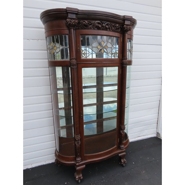 Late 1800s Large Tall Tiger Oak Leaded Stain Glass Curio Cabinet Cupboard 6573 For Sale - Image 10 of 18