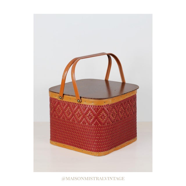 Mid-Century Red Woven Picnic Basket With Lid and Handles For Sale - Image 17 of 17